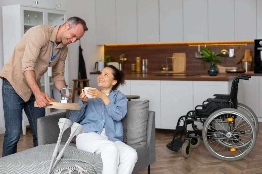man and woman with motor disability having morning coffee