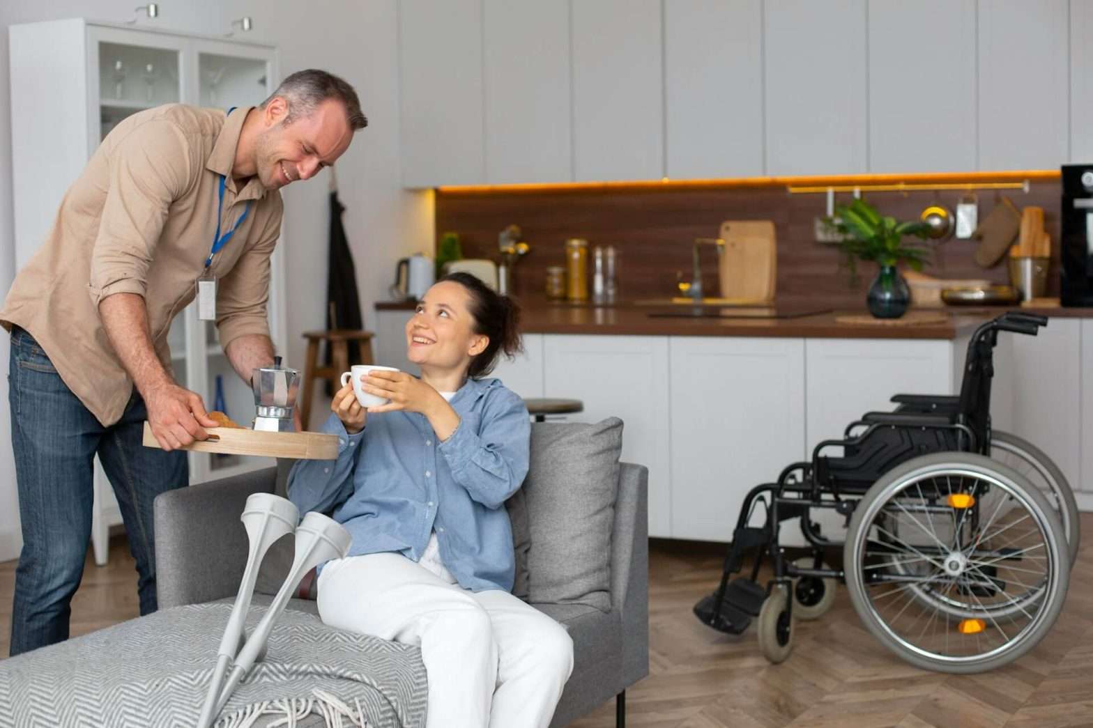 man and woman with motor disability having morning coffee