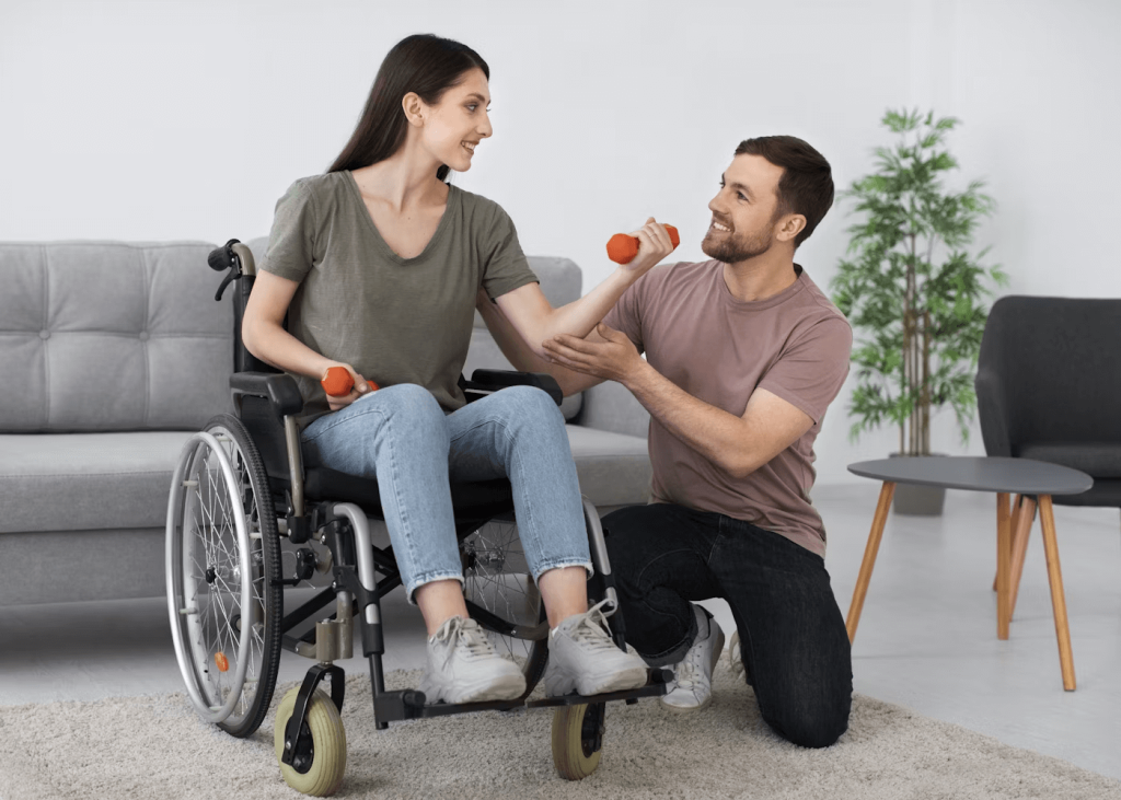 woman using light dumbbells in wheel chair active physiotherapy